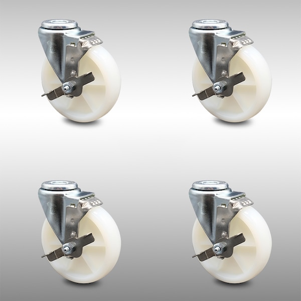 5 Inch SS Nylon Wheel Swivel Bolt Hole Caster Set with Brake